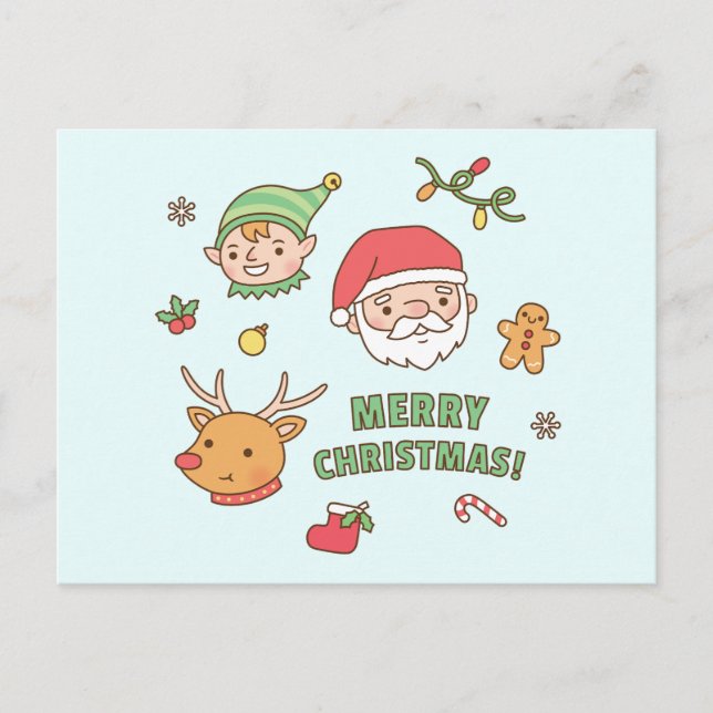 Postal Festiva Santa, Elf, Navidades, reno, pan de jengibre (Anverso)