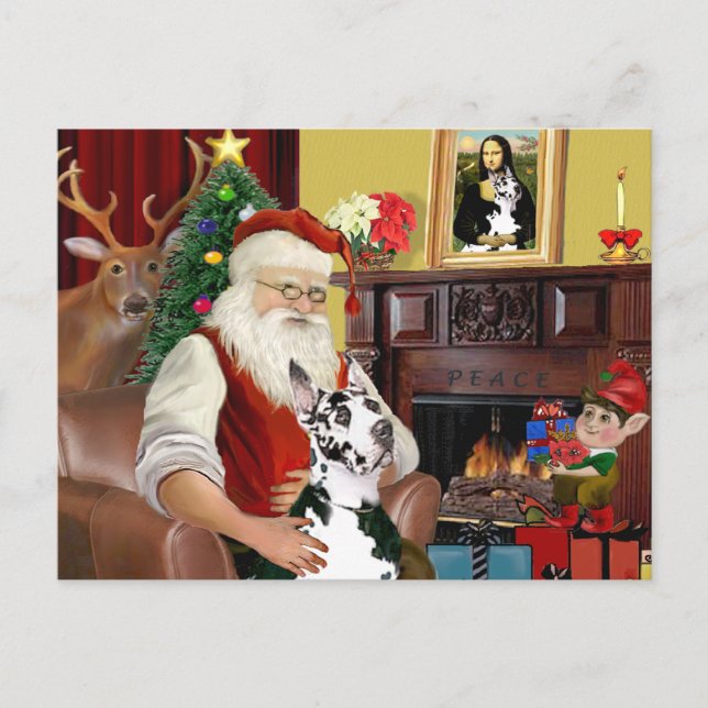 Postal Festiva Santa en casa - Gran danés (Harlequin) (Anverso)