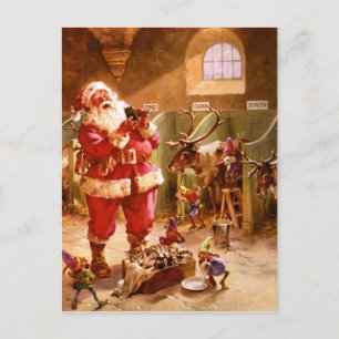 Postal Festiva Santa en el establo de renos