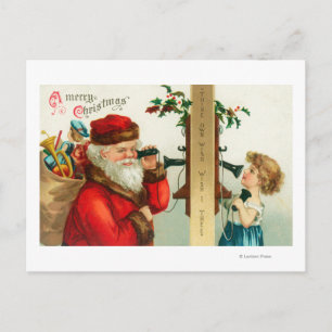 Postal Festiva Santa en el teléfono con la niña
