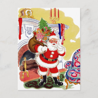 Postal Festiva Santa en la chimenea trayendo juguetes