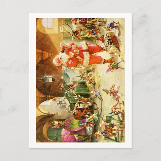 Postal Festiva Santa En Los establos de renos del Polo Norte (Anverso)