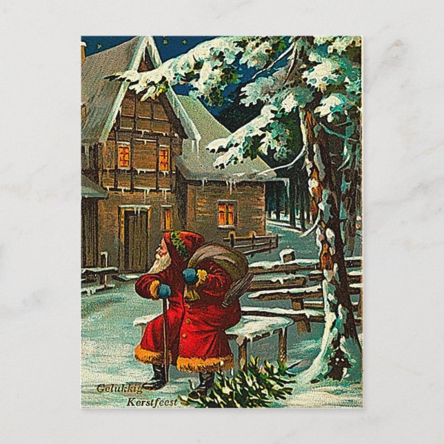 Postal Festiva Santa Esperando afuera de una casa (Anverso)