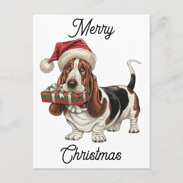 Postal Festiva santa hat con perilla de basset personalizado (Anverso)