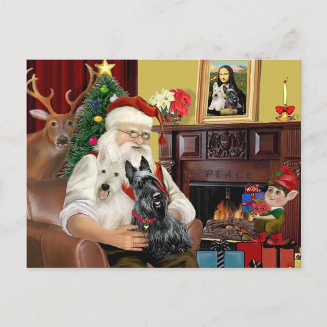 Postal Festiva Santa In Home - Scottish Terriers (dos) - Santa (Anverso)