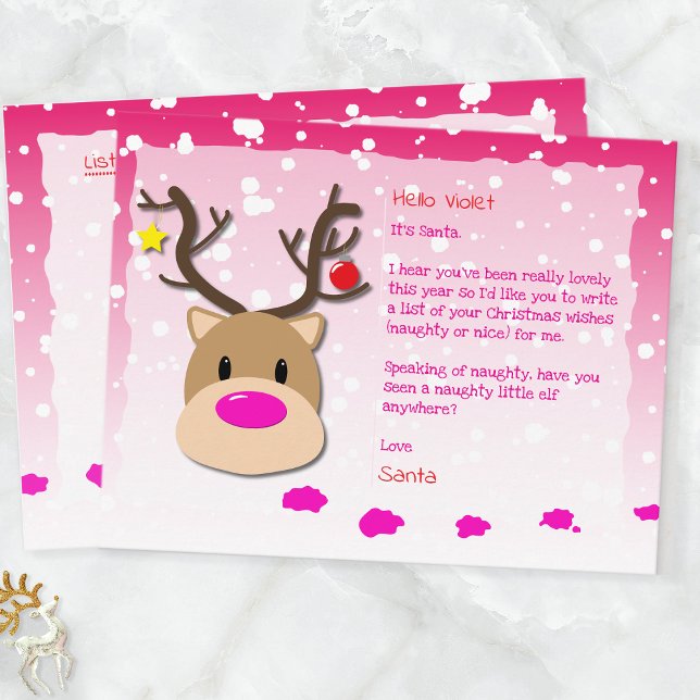 Postal Festiva Santa Letter, Christmas List, Postcard For kids (Pink Reindeer & Elf Santa Postcard For Kids)