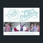 Postal Festiva Santa Merry Christmas Modern Turquoise 3 Photo<br><div class="desc">Tarjeta fotográfica sencilla y minimalista con elegante guión de "Feliz Navidad" con plantilla para el retrato familiar favorito y el saludo personalizado.</div>