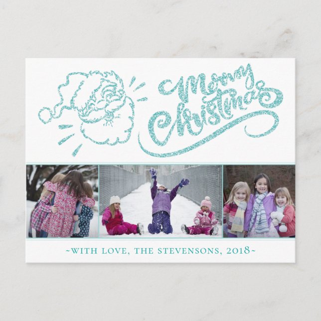 Postal Festiva Santa Merry Christmas Modern Turquoise 3 Photo (Anverso)