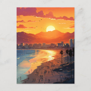 Postal Festiva Santa Mónica Beach Sunset con Palmeras