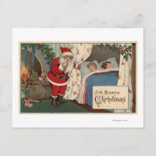 Postal Festiva Santa observando a niños durmientes
