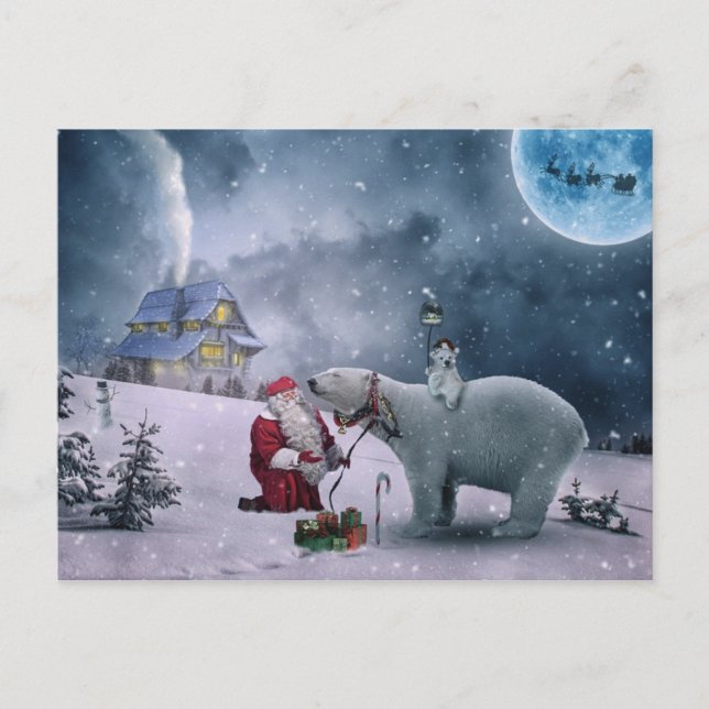 Postal Festiva Santa, oso polar, trineo, reno, Navidades (Anverso)
