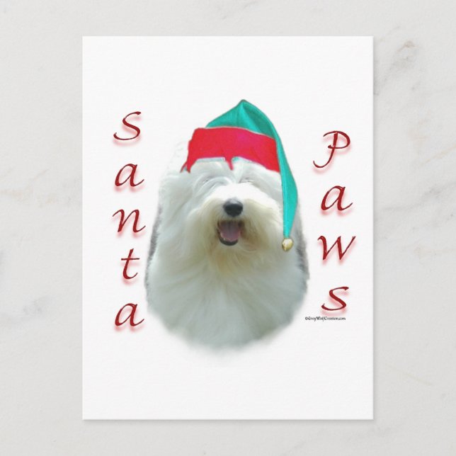 Postal Festiva Santa Paws, un viejo perro pastor inglés (Anverso)