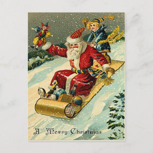Postal Festiva Santa que monta una alfombra mágica de oro
