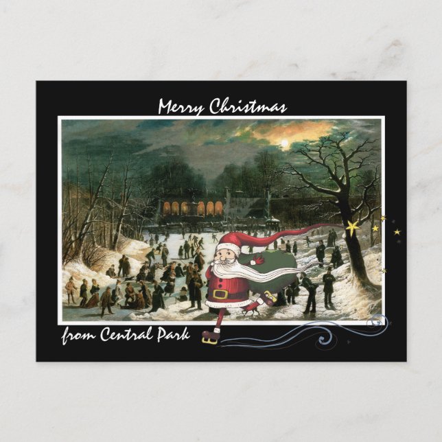 Postal Festiva Santa que patina sobre ilustraciones del invierno (Anverso)