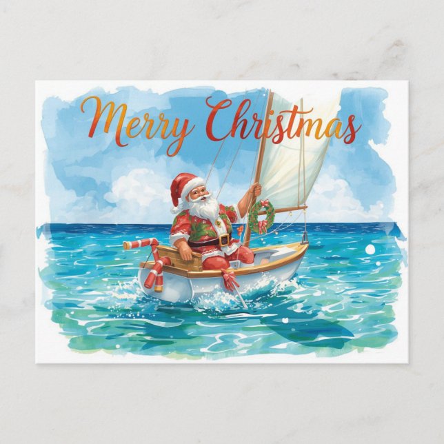 Postal Festiva Santa Sailing – Tropical Watercolor Christmas (Anverso)