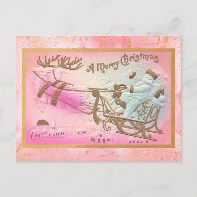Postal Festiva Santa Sleigh rosada de época con Navidades de reno (Anverso)