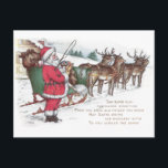 Postal Festiva Santa, Sleigh y los renos Vintage Christmas<br><div class="desc">El mismo saludo a la antigua,  el mismo viejo amigo que conoces,  May Santa,  te trae sus regalos más escogidos a través de la nieve. Santa se para al lado de su trineo enganchado hasta cuatro renos en una vintage postal navideña de 1916.</div>
