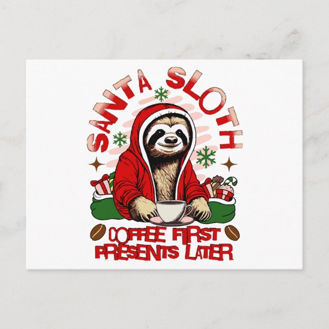 Postal Festiva Santa Sloth bebiendo café (Anverso)