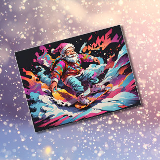 Postal Festiva Santa snowboard Colores psicodélicos