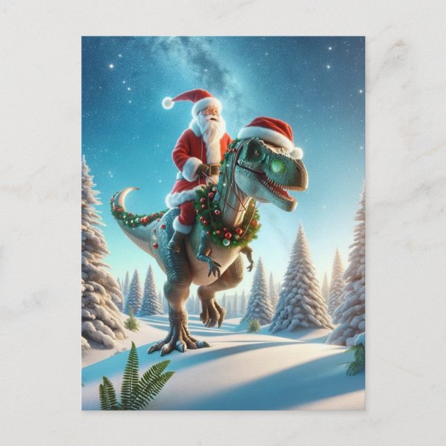 Postal Festiva Santa sobre un dinosaurio, Navidades (Anverso)