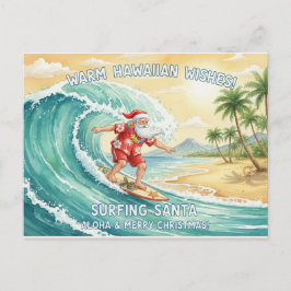 Postal Festiva Santa surfista en gran ola en vacaciones de Hawái 
