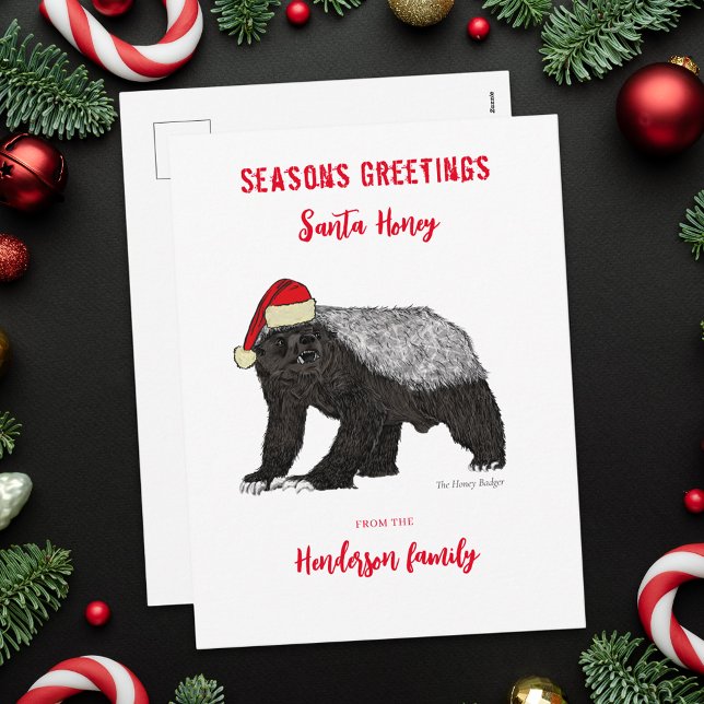 Postal Festiva Santa Tejón Miel Personalizado Divertido (Personalized funny honey Badger Santa family name holiday greetings flat card badass christmas anima)