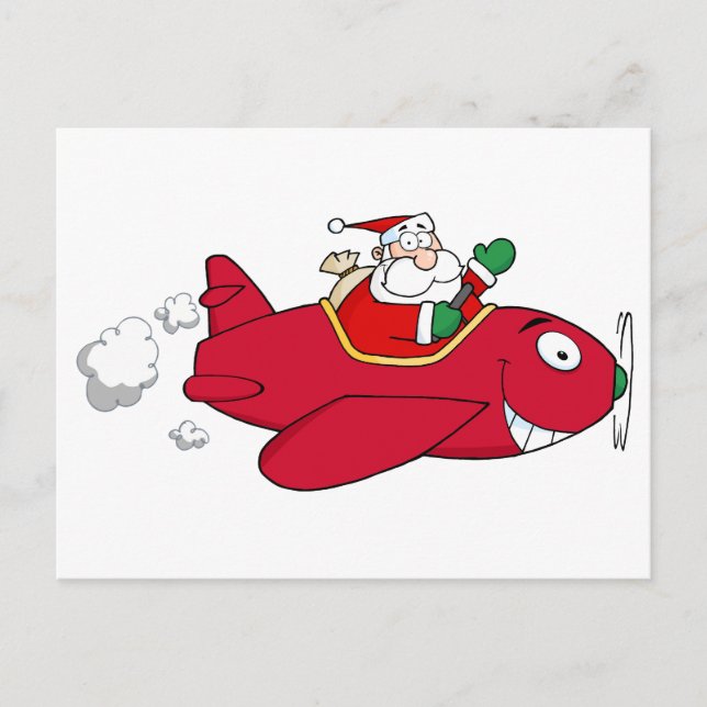 Postal Festiva Santa Volando Con Avión De Navidades (Anverso)