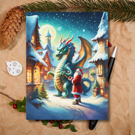 Postal Festiva Santa Y Dragón En Polo Norte En Navidades
