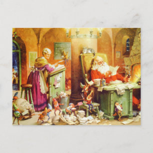 Postal Festiva Santa y la señora Claus y los duendes comprueban