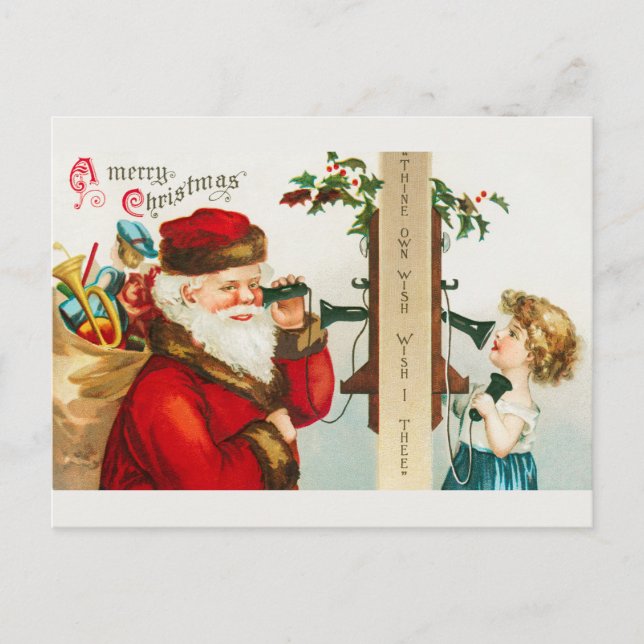 Postal Festiva Santa y Niña Vintage al teléfono (Anverso)