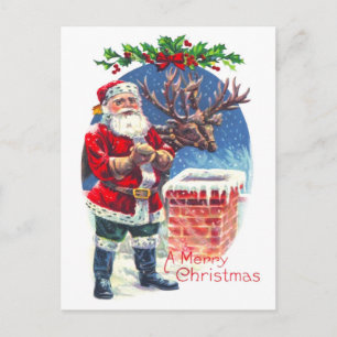 Postal Festiva Santa y reno al lado de la chimenea