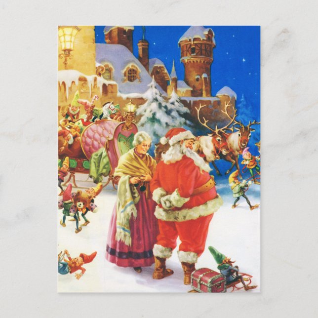 Postal Festiva Santa y señora Claus, Nochebuena, Polo Norte (Anverso)