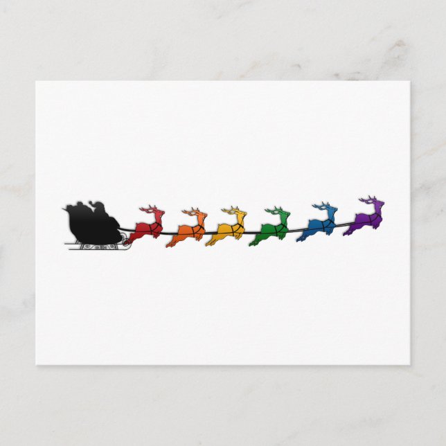 Postal Festiva Santa y Sleigh con los renos arcoiris del orgullo  (Anverso)