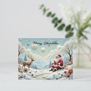 Postal Festiva Santa y sus renos en un paisaje nevado