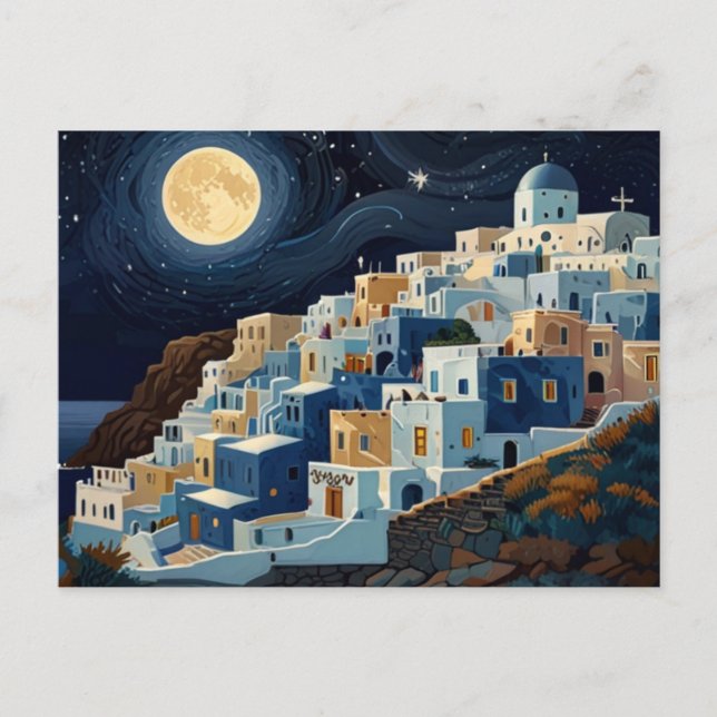 Postal Festiva Santorini, Grecia, Aldea Griega de Noche Llena de  (Anverso)