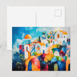 Postal Festiva Santorini iluminada por el sol en colores expresiv