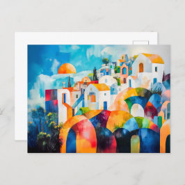 Postal Festiva Santorini iluminado por la luz del sol en colores 