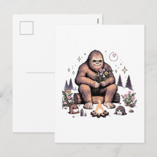 Postal Festiva Sasquatch sosteniendo flores