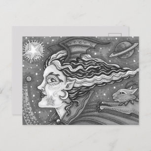 POSTAL FESTIVA SCI FI SPACE WITCH & COMET CAT BLK/WHT HALLOWEB