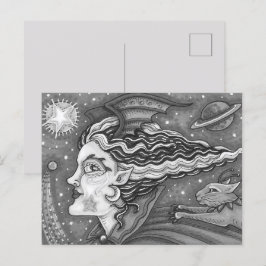 POSTAL FESTIVA SCI FI SPACE WITCH & COMET CAT BLK/WHT HALLOWEB
