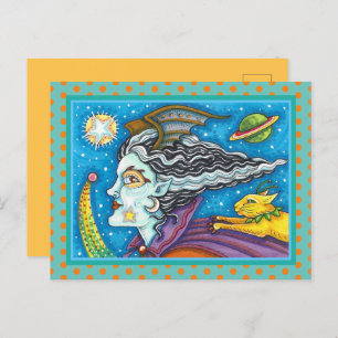 POSTAL FESTIVA SCI FI SPACE WITCH & COMET CAT COLORFUL HALLOWEEN
