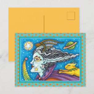 POSTAL FESTIVA SCI FI SPACE WITCH & COMET CAT COLORFUL HALLOWEEN