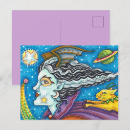 POSTAL FESTIVA SCI FI SPACE WITCH & COMET CAT COLORFUL HALLOWEEN