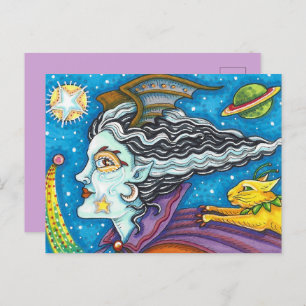 POSTAL FESTIVA SCI FI SPACE WITCH & COMET CAT COLORFUL HALLOWEEN