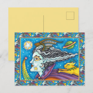 POSTAL FESTIVA SCI FI SPACE WITCH & COMET CAT HUMOROUS HALLOWEEN