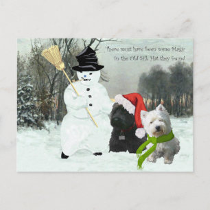 Postal Festiva Scottie y Westie con muñeco de nieve