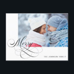 Postal Festiva Script de caligrafía fotográfica personalizada Mer<br><div class="desc">El diseño se caracteriza por la escritura calligráfica. Personaliza esta tarjeta agregando tu foto y detalles.</div>