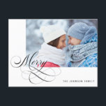 Postal Festiva Script de caligrafía fotográfica personalizada Mer<br><div class="desc">El diseño se caracteriza por la escritura calligráfica. Personaliza esta tarjeta agregando tu foto y detalles.</div>