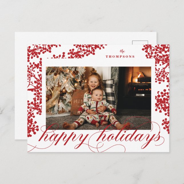 Postal Festiva Script Happy Holidays Red Berries Photo Postcard (Anverso / Reverso)