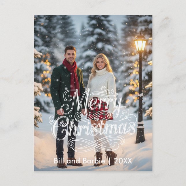 Postal Festiva Script Merry Christmas Couples Photo Front (Anverso)